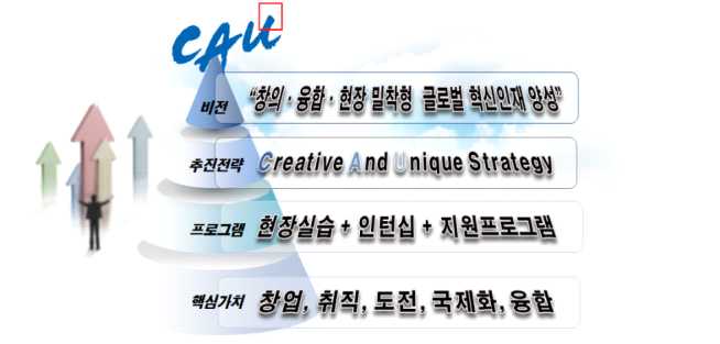 비전: 창의, 융합, 현장 밀착형 글로벌 혁신인재 양성. 추진전략: Creative And Unique Strategy. 프로그램: 현장실습 + 인턴십 + 지원프로그램. 핵심가치: 창업, 취직, 도전, 국제화, 융합.